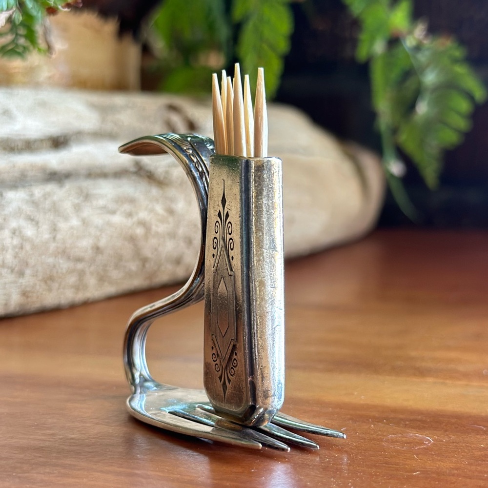 Handmade artisan up-cycled vintage silver plate utensil toothpick holder